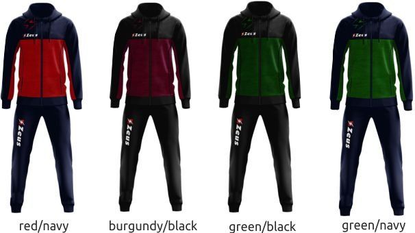 Four hoodies and matching joggers in red/navy, burgundy/black, green/black, and green/navy colorways.
