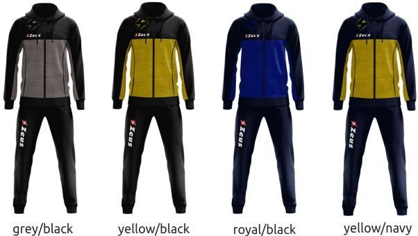 Four men’s hooded tracksuits shown in grey/black, yellow/black, royal/black, and yellow/navy colors.