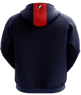 Navy hoodie with red hood panel and small white lightning logo on the back