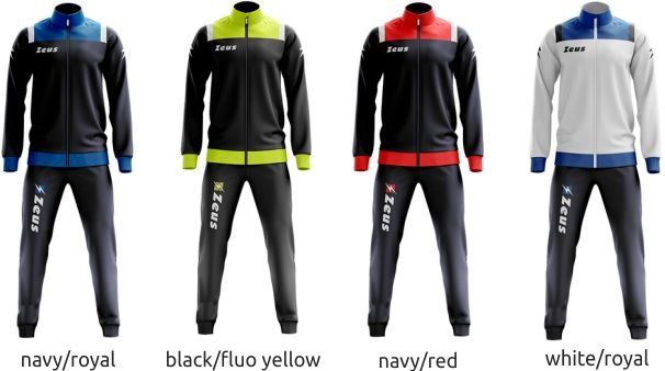 Four athletic tracksuits in navy/royal, black/fluo yellow, navy/red, and white/royal colorways.