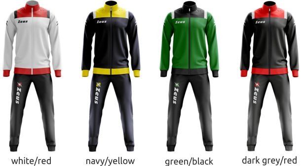 Four athletic outfits in white/red, navy/yellow, green/black, and dark grey/red on a plain background
