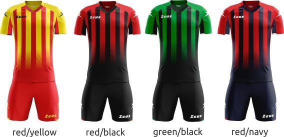 Four soccer jerseys shown in red/yellow, red/black, green/black, and red/navy colorways.