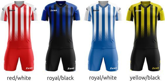 Four soccer jerseys shown side by side in red/white, royal/black, royal/white, and yellow/black.