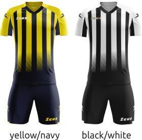 Two striped soccer uniforms: yellow/navy and black/white, shown front view on a white background.