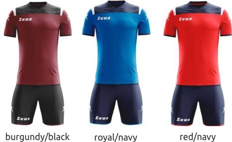 Three athletic jerseys with shorts in burgundy/black, royal/navy, and red/navy colorways.