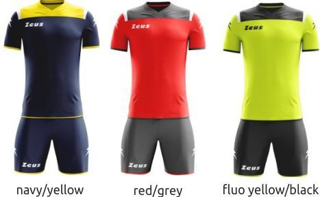 Three athletic jersey-and-short sets in navy/yellow, red/grey, and fluo yellow/black.