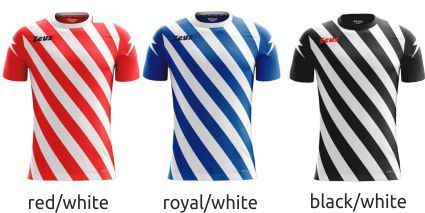 Three striped T-shirts in red/white, blue/white, and black/white on a white background