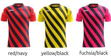 Three striped cycling jerseys in red/navy, yellow/black, and fuchsia/black on a white background