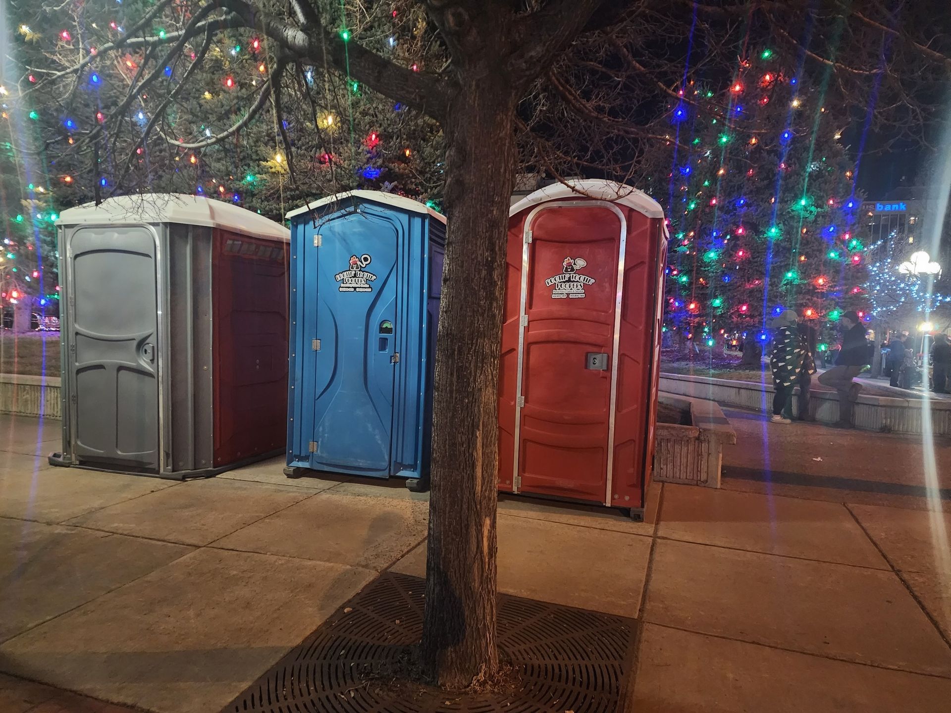 Three portable toilets—gray, blue, and red—stand in a line on a paved walkway near trees decorated with holiday lights.