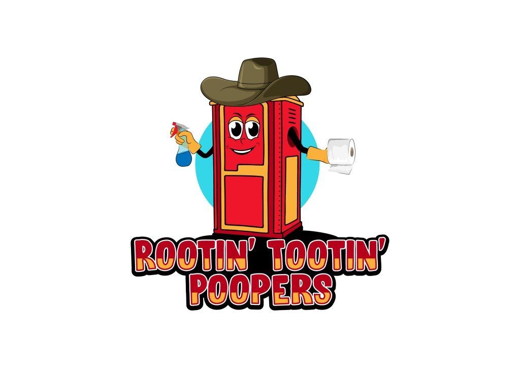 A cartoon portable toilet wearing a cowboy hat, holding cleaning supplies, with text reading 