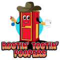 Cartoon portable toilet in a cowboy hat holding a spray bottle and toilet paper, with the text "Rootin' Tootin' Poopers."