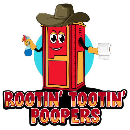 Cartoon portable toilet in a cowboy hat holding a spray bottle and toilet paper, with the text "Rootin' Tootin' Poopers."