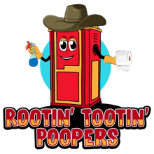 Cartoon portable toilet in a cowboy hat holding a spray bottle and toilet paper, with the text "Rootin' Tootin' Poopers."