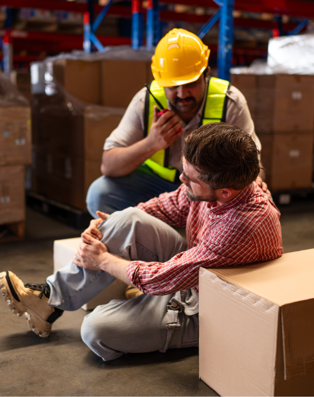 A man is sitting on a box in a warehouse while another man looks on.