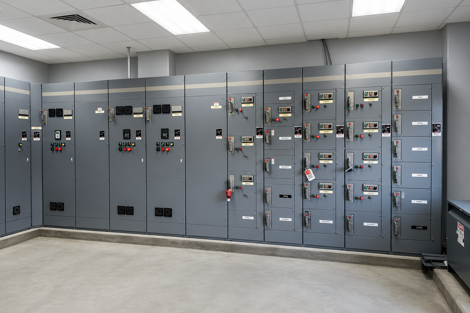 Electrical control panel inside a tan industrial cabinet with warning signs and gauges