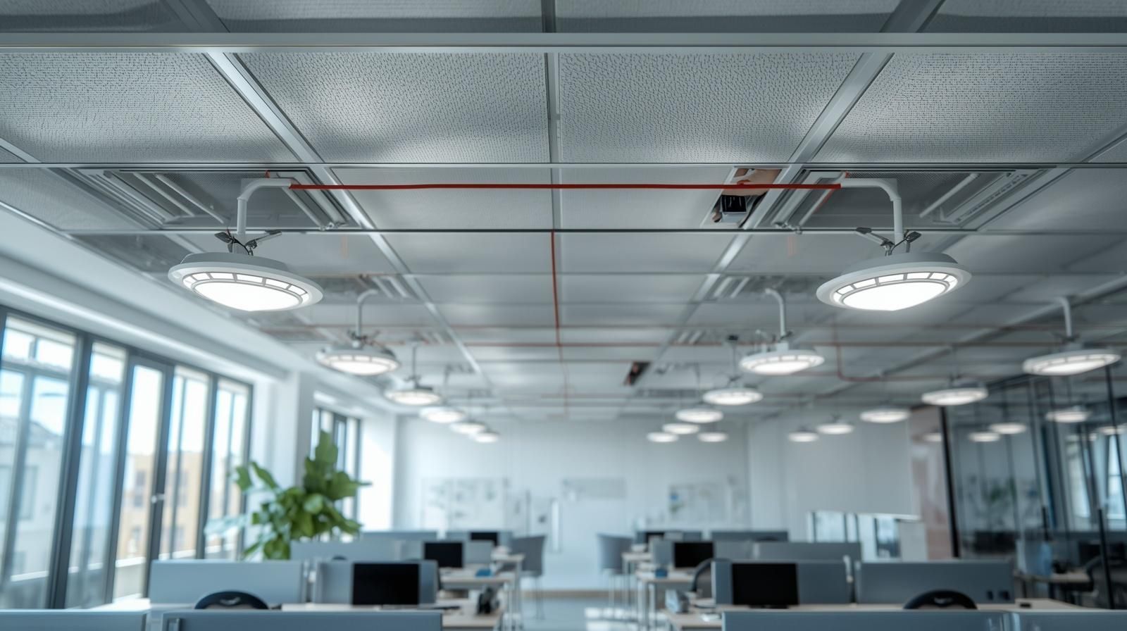 Bright open office interior with desks, large windows, ceiling lights, and exposed pipes.