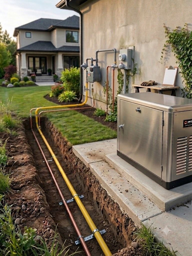 Underground utility trench beside a house, with yellow gas line and exterior HVAC equipment on a concrete pad