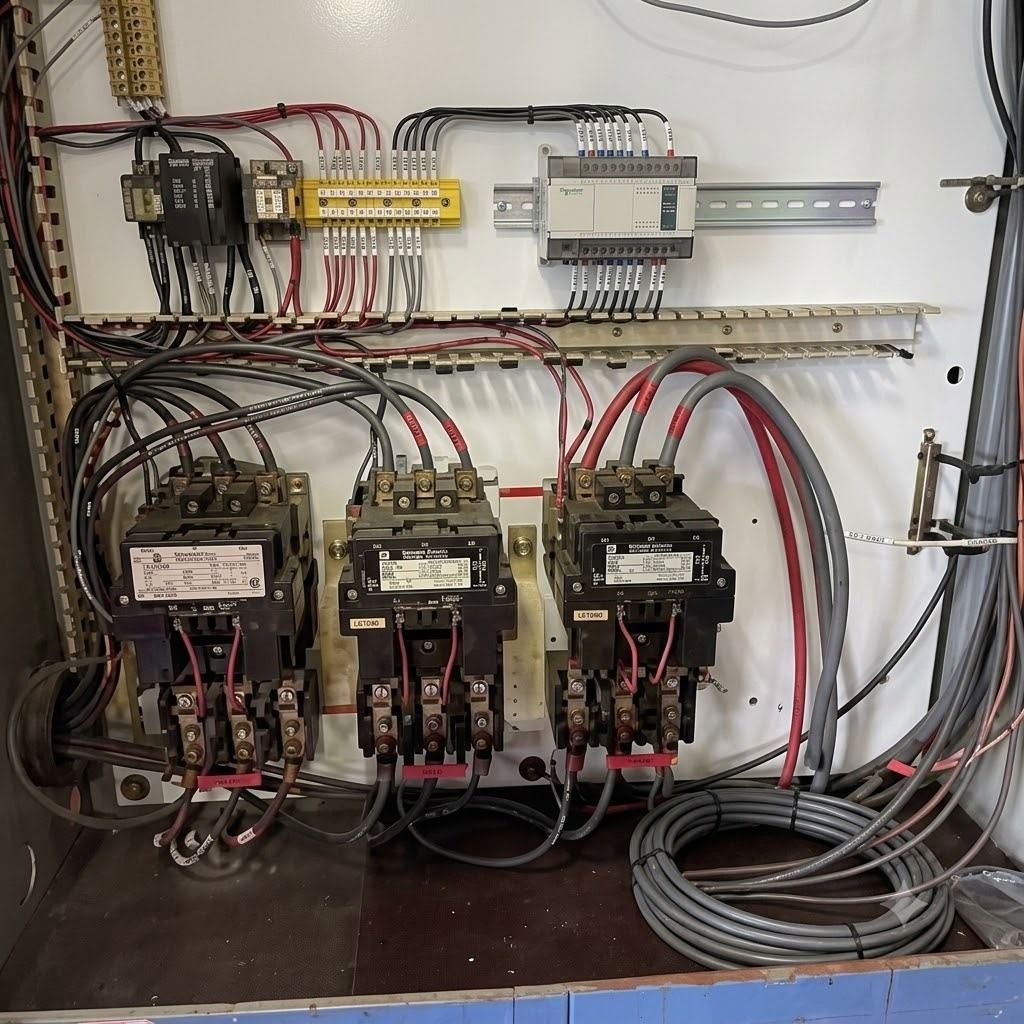 Electrical control panel with wiring, relays, and circuit breakers mounted on a metal backplate.