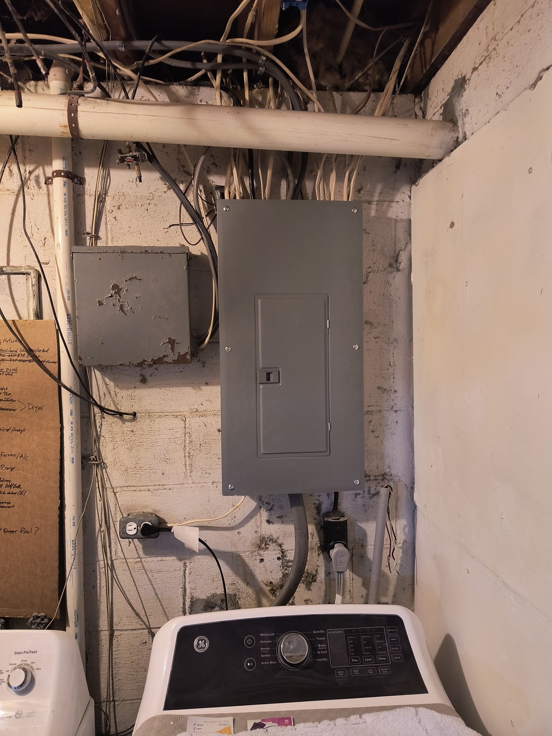 Basement wall with electrical panel above a washing machine and exposed pipes and wires