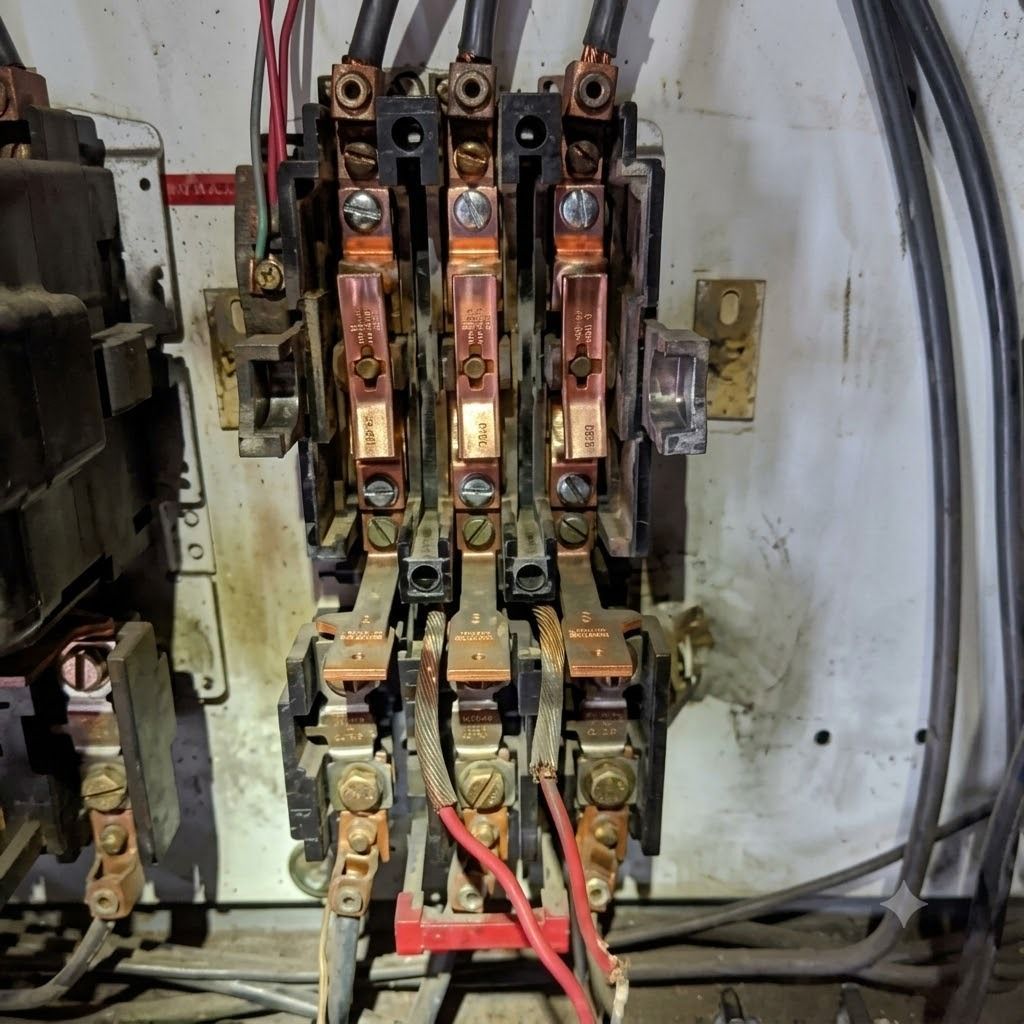Close-up of an old electrical relay or contactor panel with copper components and red wires