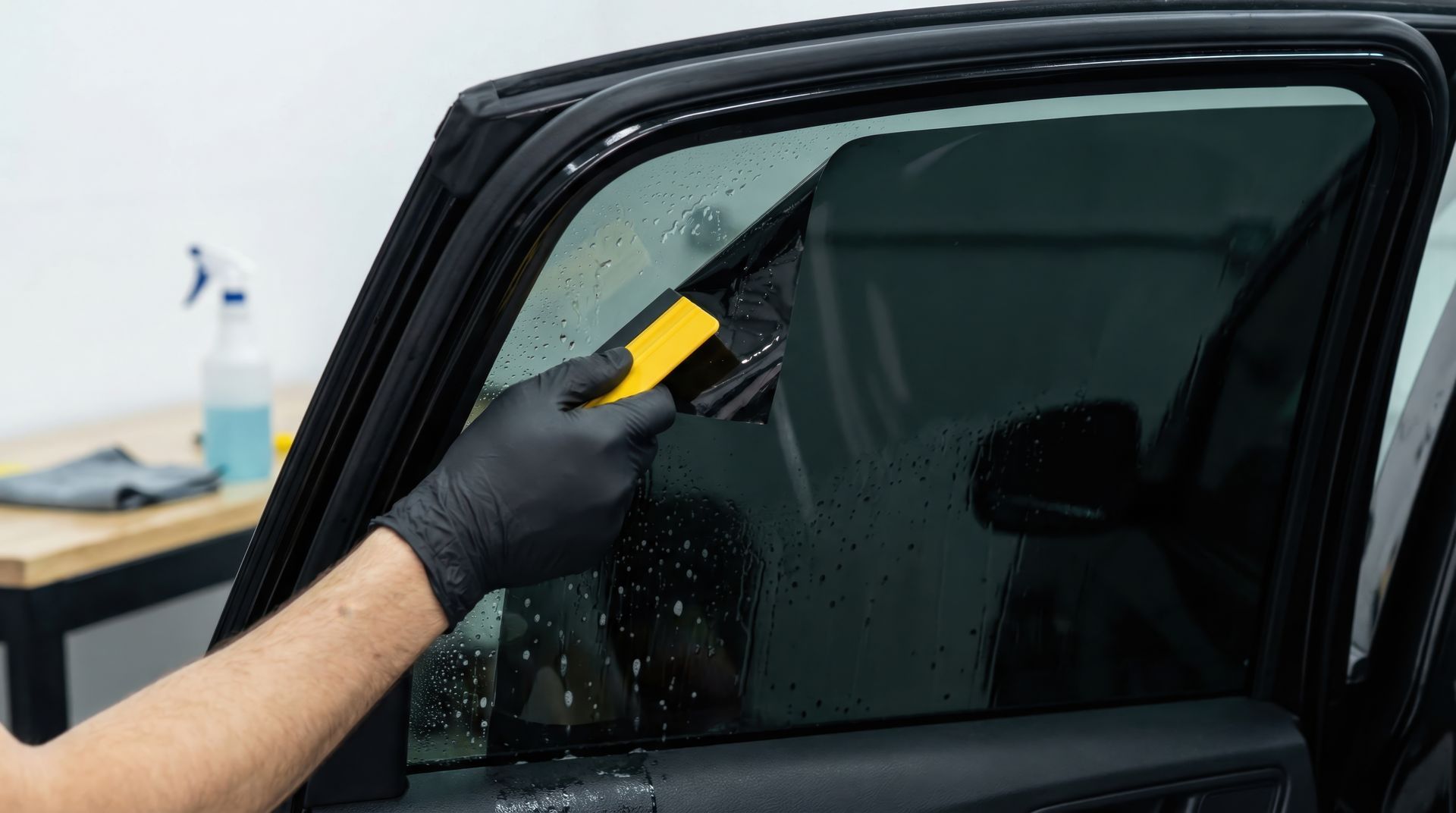 Gloved hand using a scraper to remove water from a car window