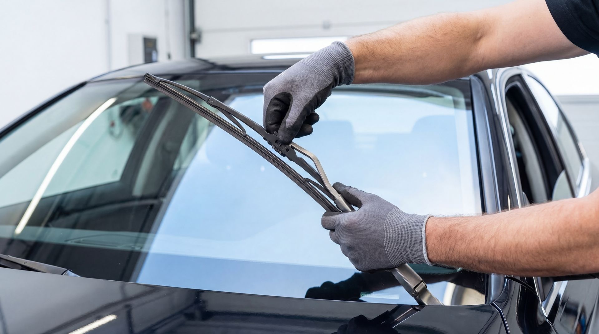 Mechanic in gray gloves installing a windshield wiper on a car windshield