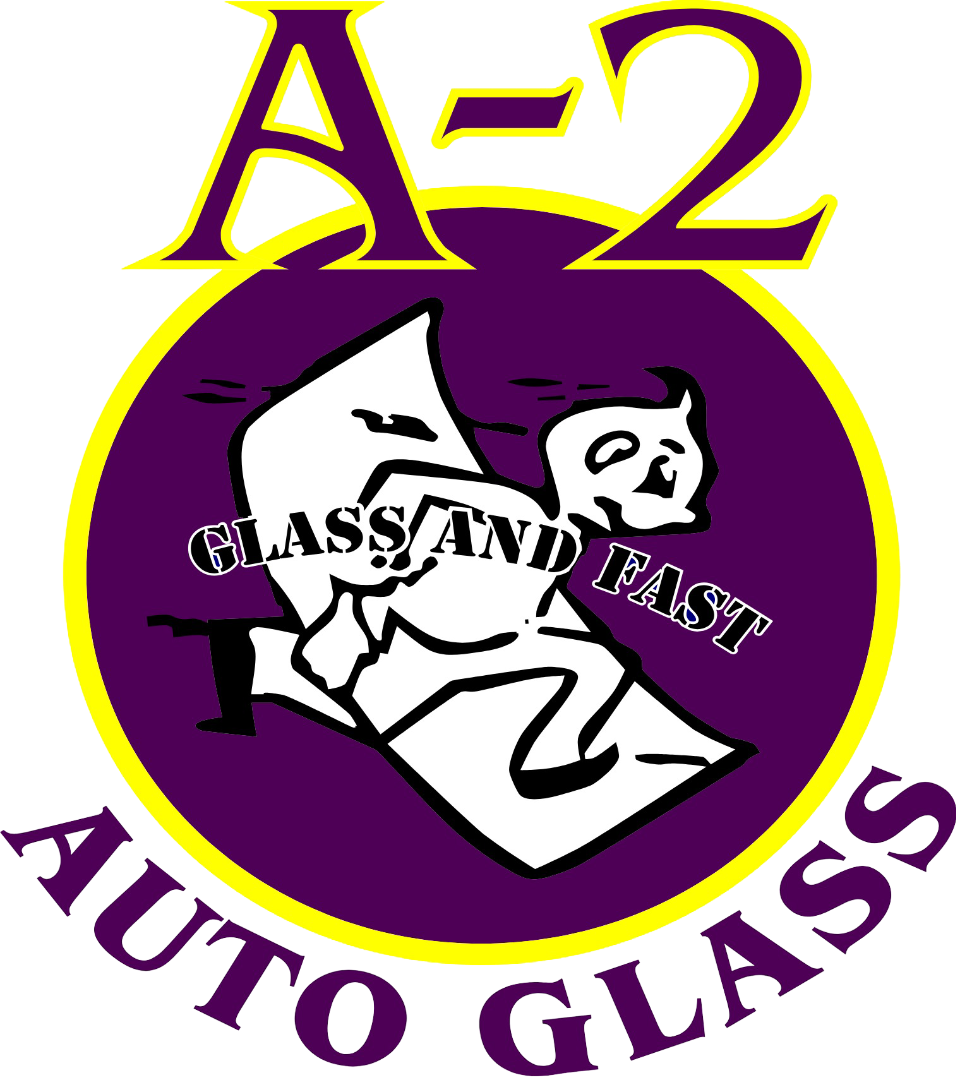 A-2 Auto Glass logo with a purple circle, stylized glass cutter, and the words “Fast and Easy”