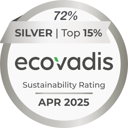 Badge de notation de durabilité EcoVadis. Note Argent, 72 %, Top 15 %, valable jusqu'en avril 2025.