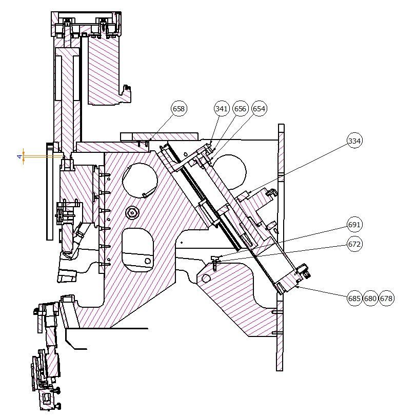 Coupe transversale d'un assemblage mécanique, avec composants internes visibles. Construction angulaire en nuances de rose, montrant diverses pièces et connexions.