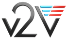 Logo V2V avec des lettres stylisées et des rayures horizontales bleu-rouge.