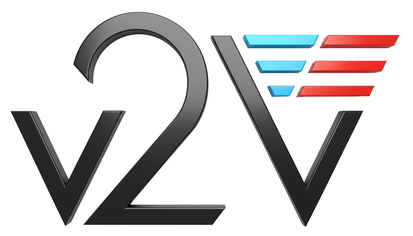 Logo V2V avec des lettres stylisées et des rayures horizontales bleu-rouge.