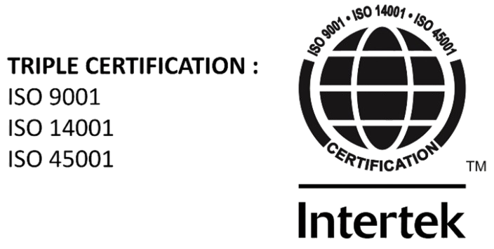 Logo triple certification avec les certifications ISO 9001, 14001 et 45001, et le logo Intertek.