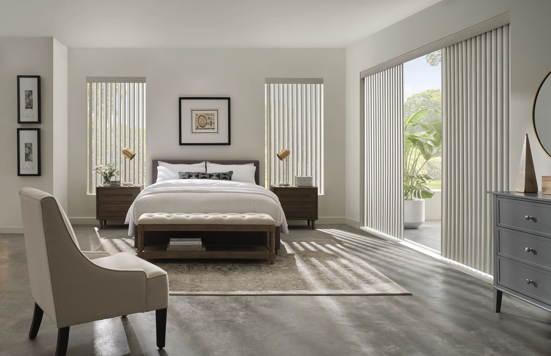 a well-furnished bedroom with a cozy bed, a stylish dresser, and window blinds for privacy.