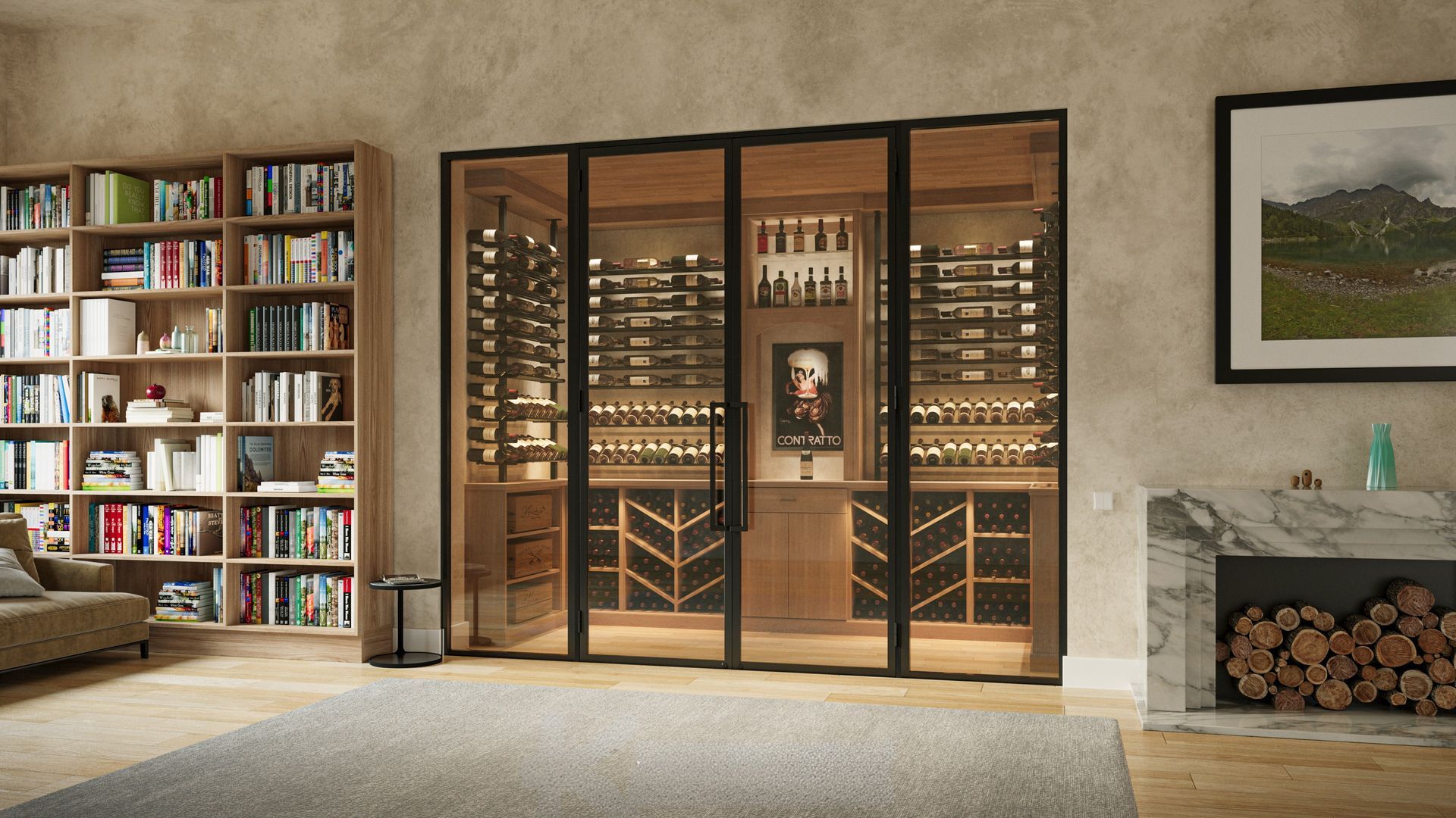 Modern living room with a built-in wine cabinet, bookshelves, fireplace, and framed landscape art.