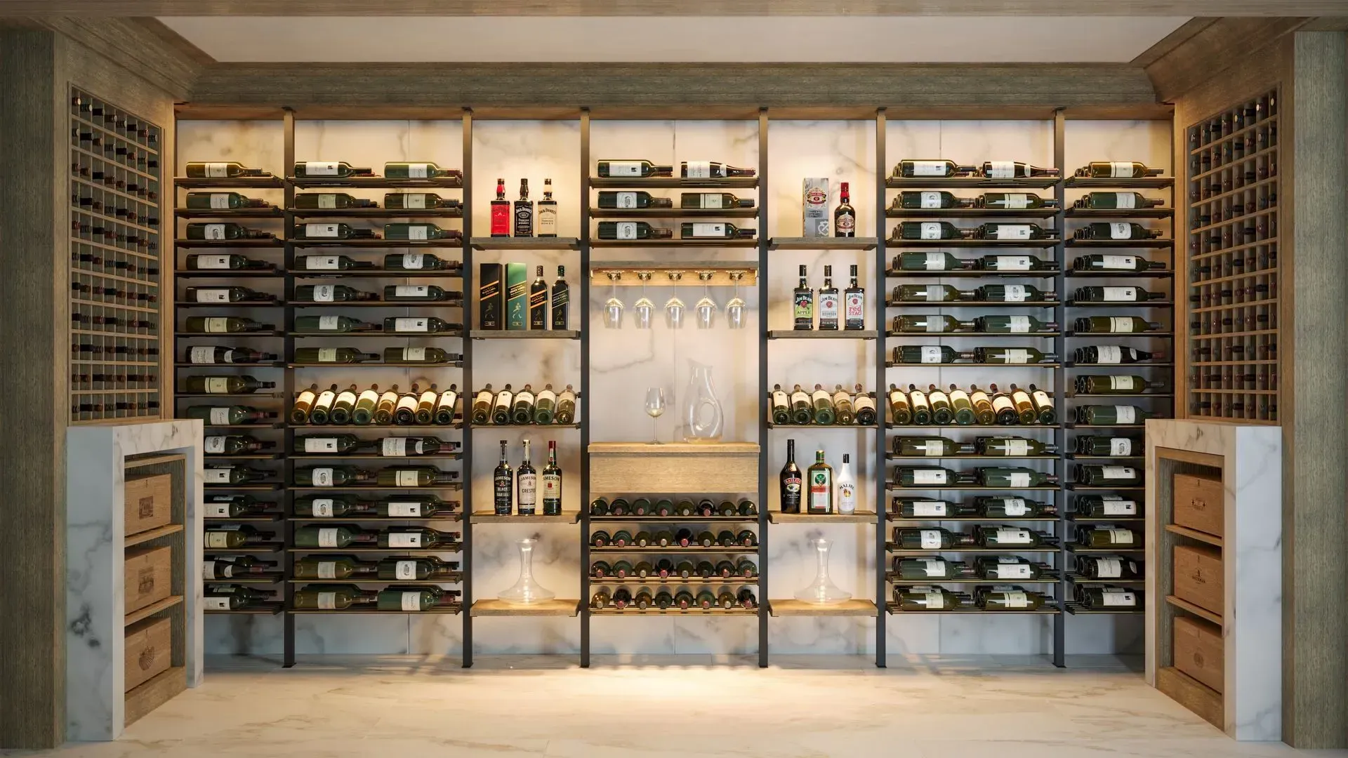 Wine cellar with wall-to-wall racks of bottles and glassware, lit by warm recessed lighting.