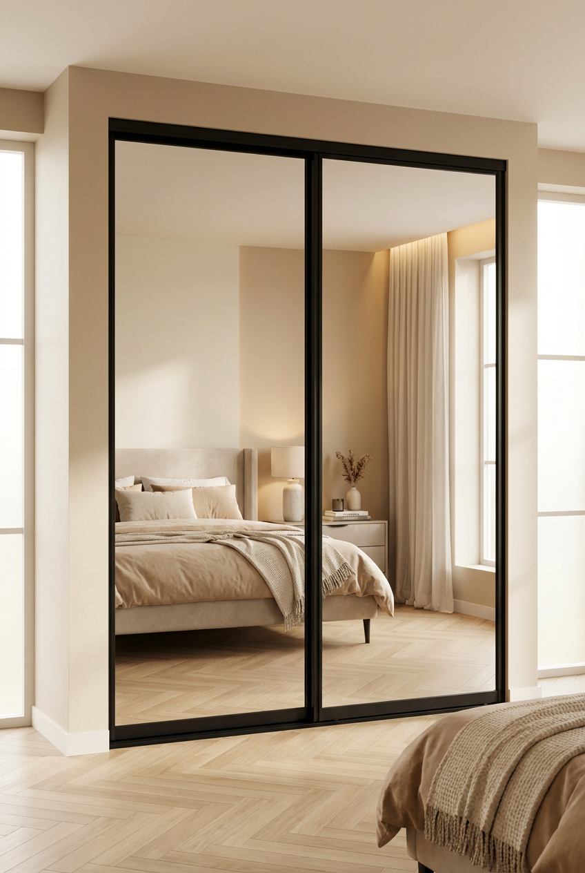 Bedroom with black-framed mirrored sliding closet doors reflecting a neatly made bed and soft beige curtains.