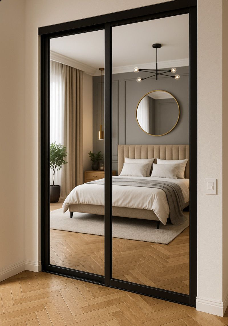 Black-framed glass doors open to a bright bedroom with a bed, round mirror, and beige curtains.