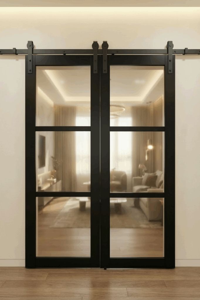Black-framed sliding glass doors in a warmly lit interior hallway.