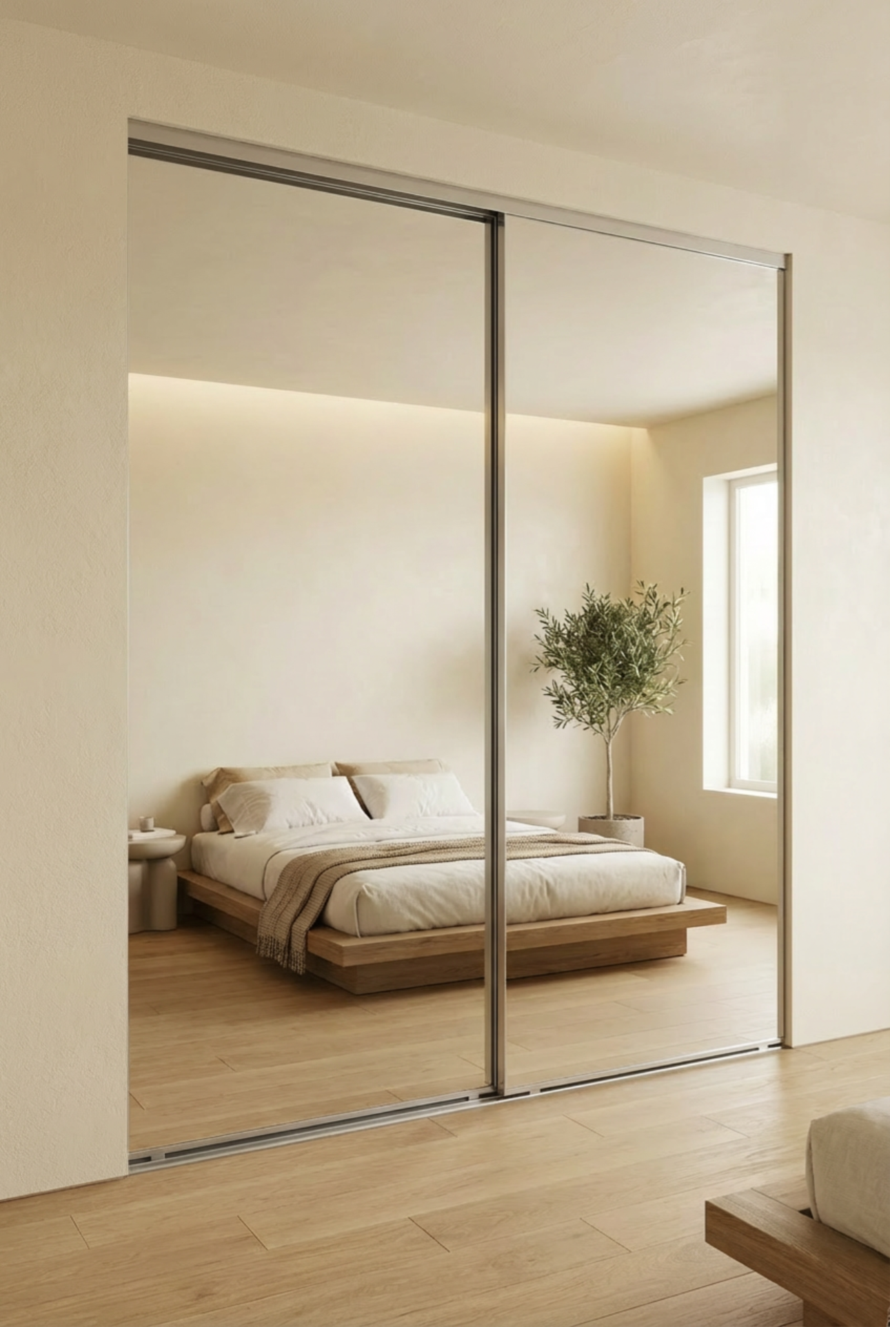 a closet with sliding glass doors and a dresser