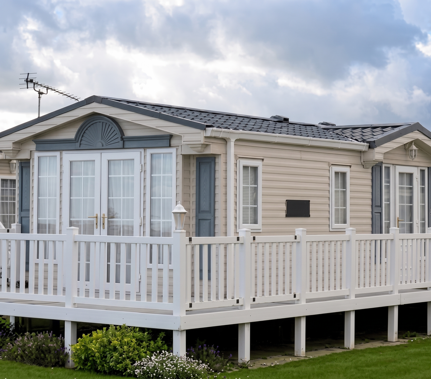 White mobile home with a wraparound porch and white railing under a cloudy sky