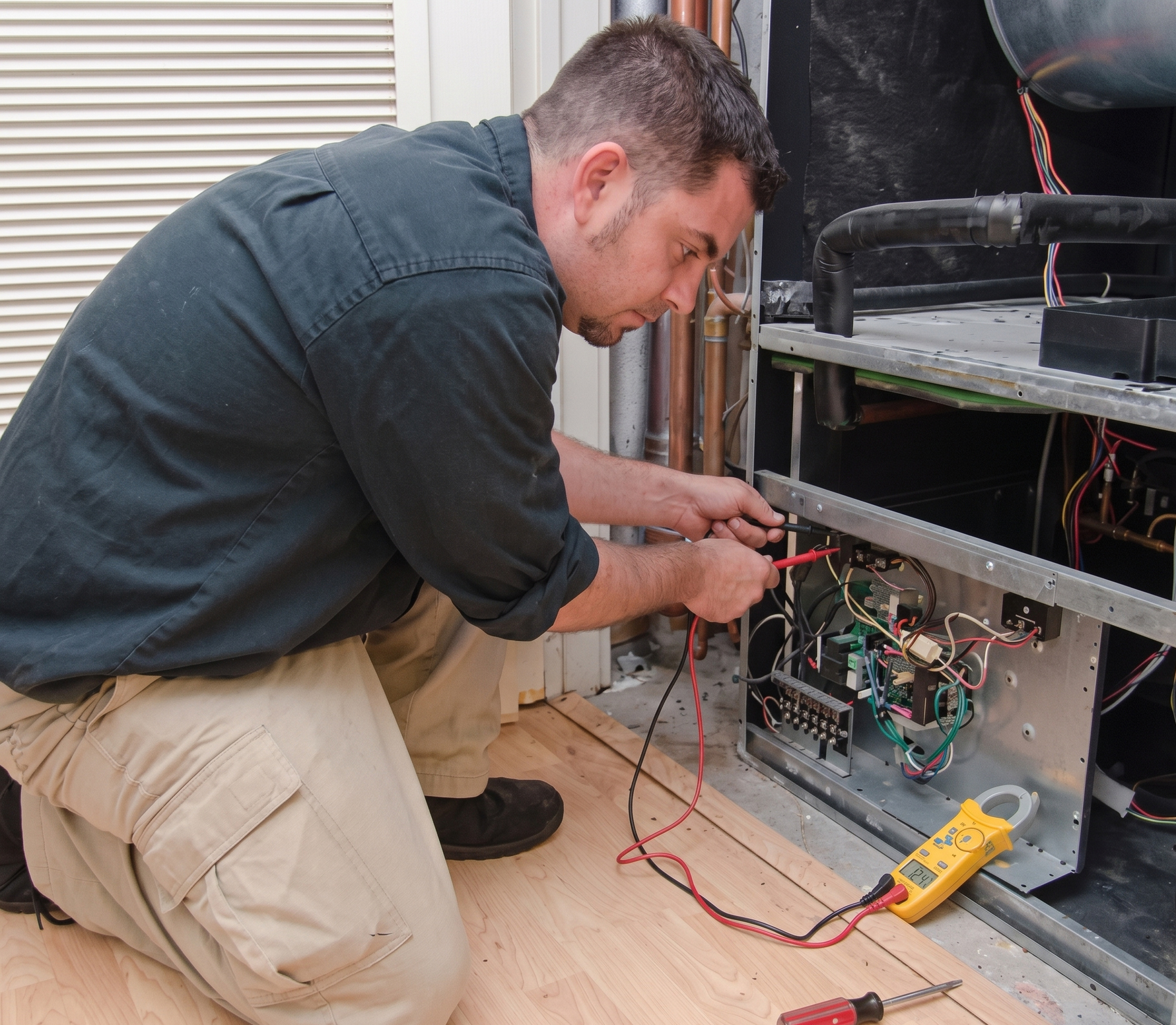 Technician kneeling to repair wiring inside an open HVAC unit with tools nearby