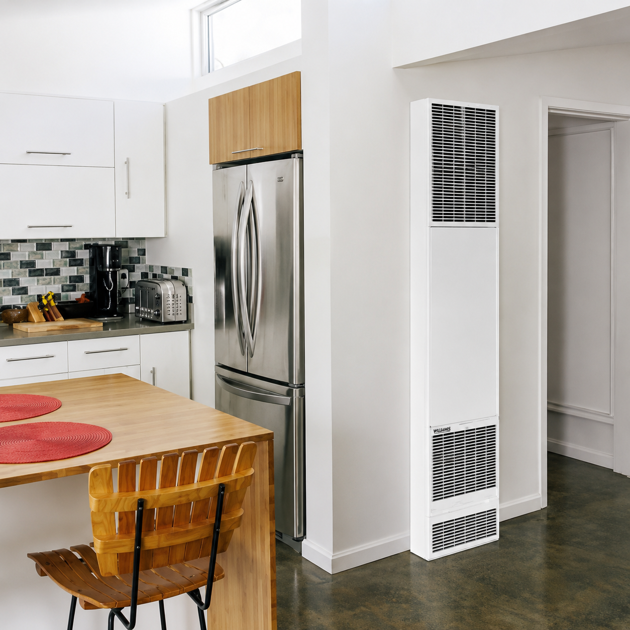 Bright kitchen with wooden table, stainless steel fridge, and a white wall heater by a doorway