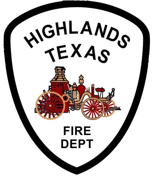 The logo for the Highlands Texas fire department is a shield with a fire truck on it.