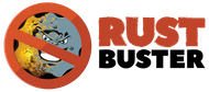 Rust Buster logo with red “no” symbol over a rusted object and bold red-black text. | Kensinger Repair Center