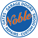 Noble Garage Doors logo in blue and orange with &ldquo;gates, garage doors, repairs, custom doors&rdquo; around it