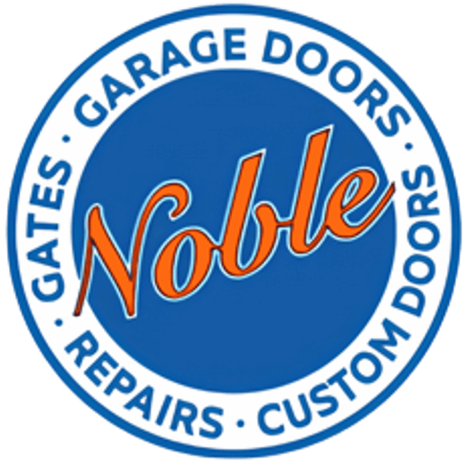 Noble Garage Doors logo in blue and orange with &ldquo;gates, garage doors, repairs, custom doors&rdquo; around it