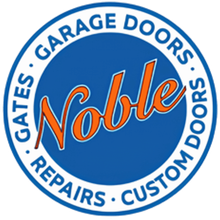 Noble Garage Doors logo in blue and orange with &ldquo;gates, garage doors, repairs, custom doors&rdquo; around it