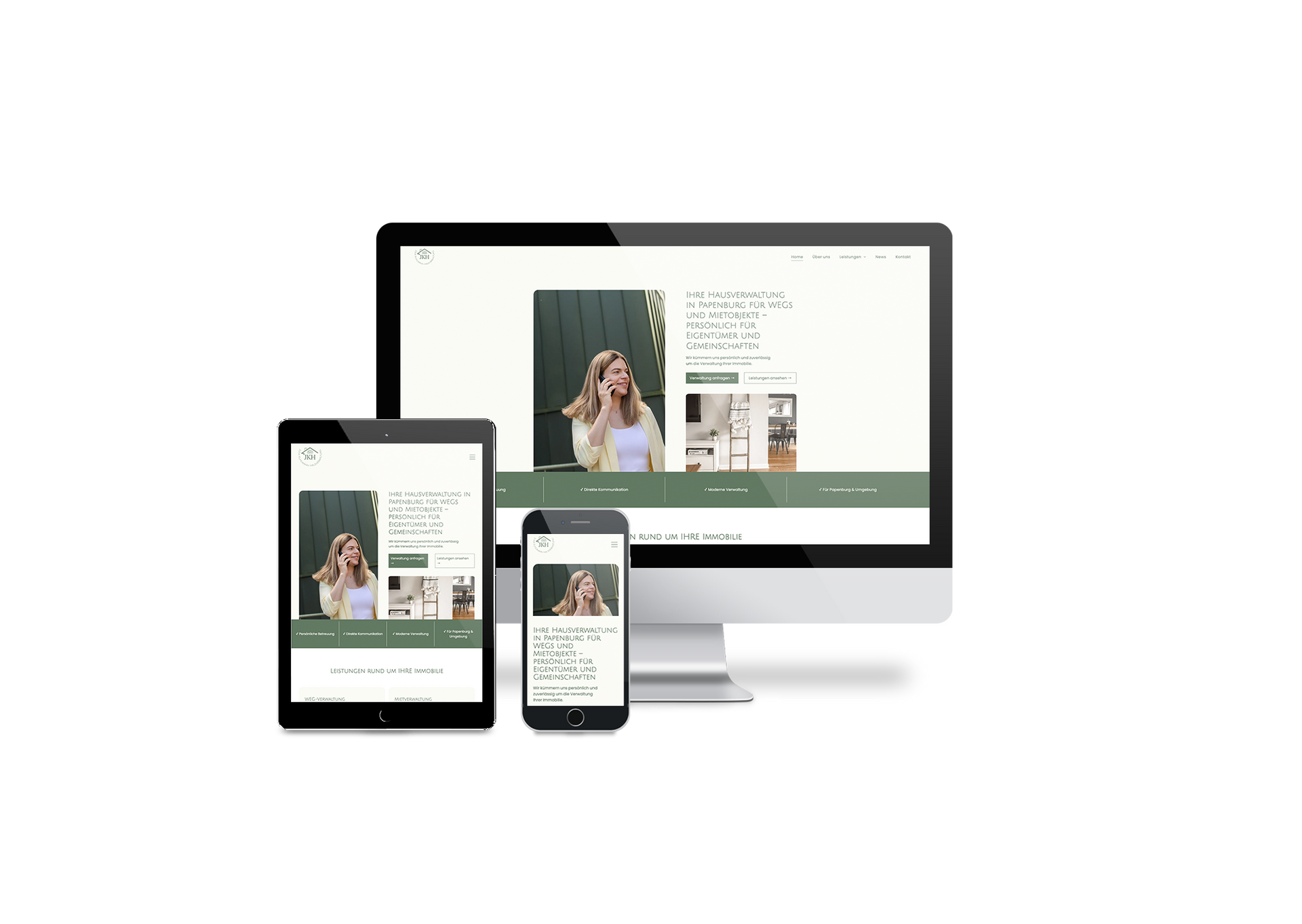 Responsive Website, die auf Desktop-, Tablet- und Smartphone-Bildschirmen auf weißem Hintergrund angezeigt wird