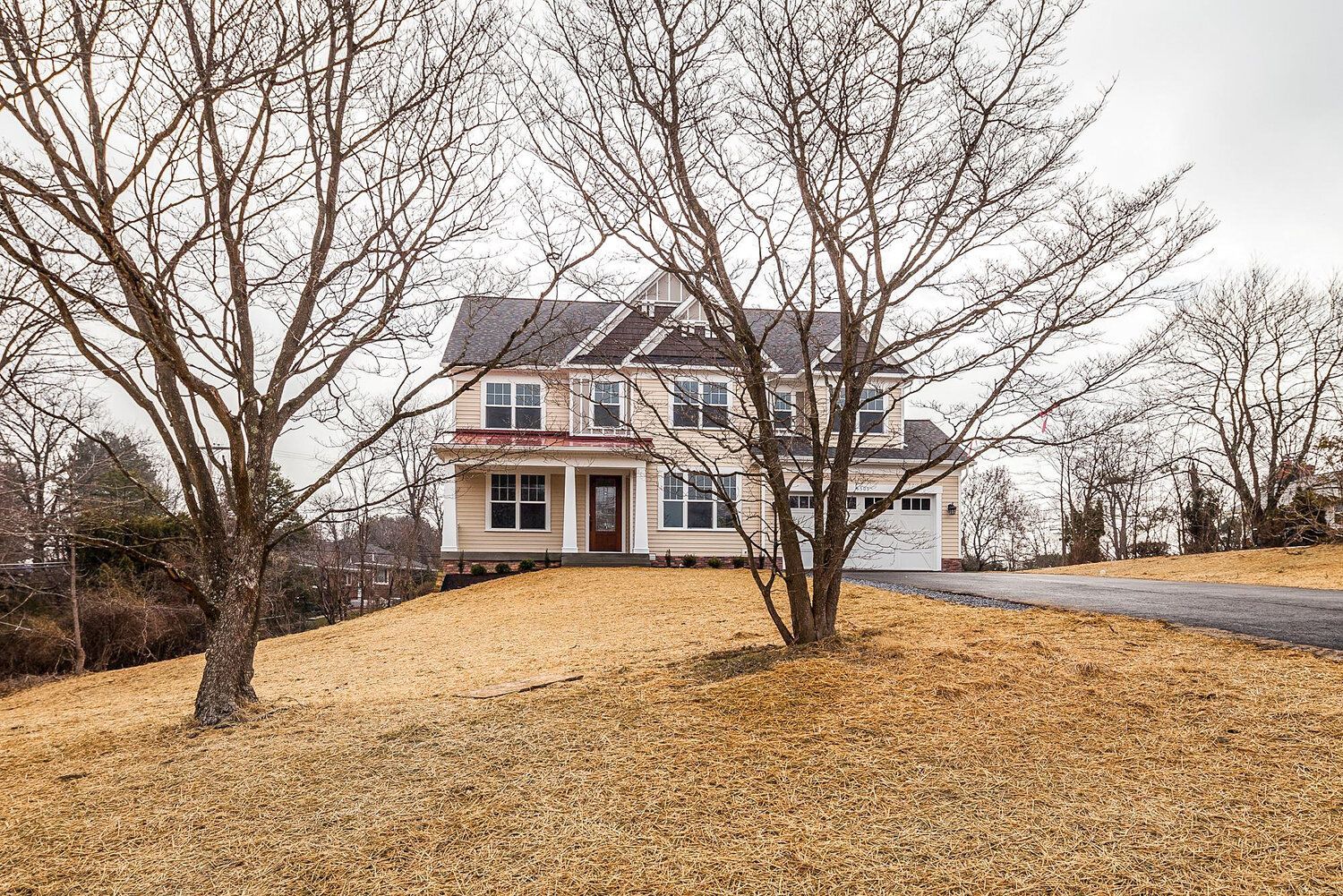 A large white house is sitting on top of a hill with trees in front of it.