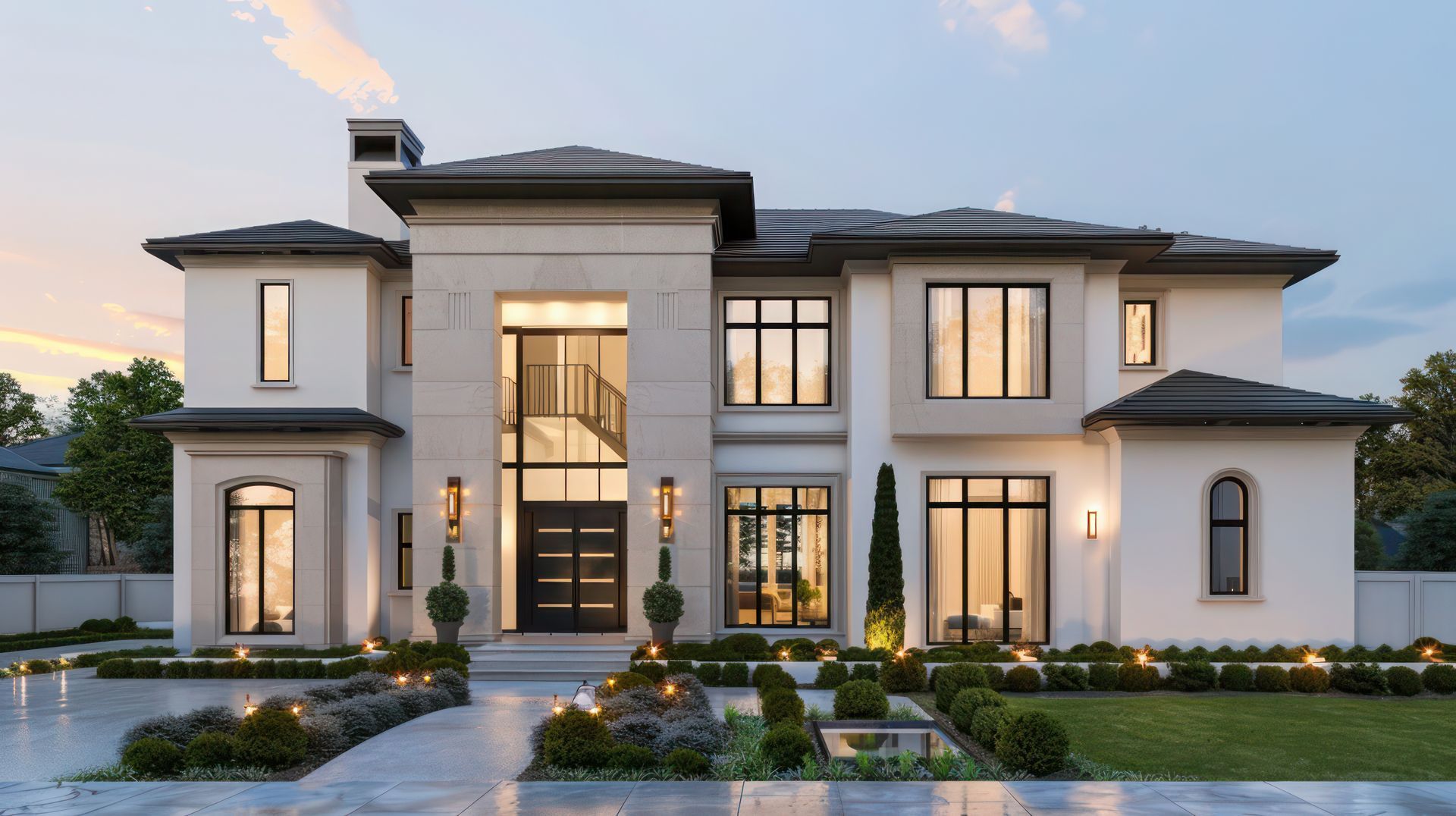 Modern two-story white house with large windows and landscaped front yard at dusk